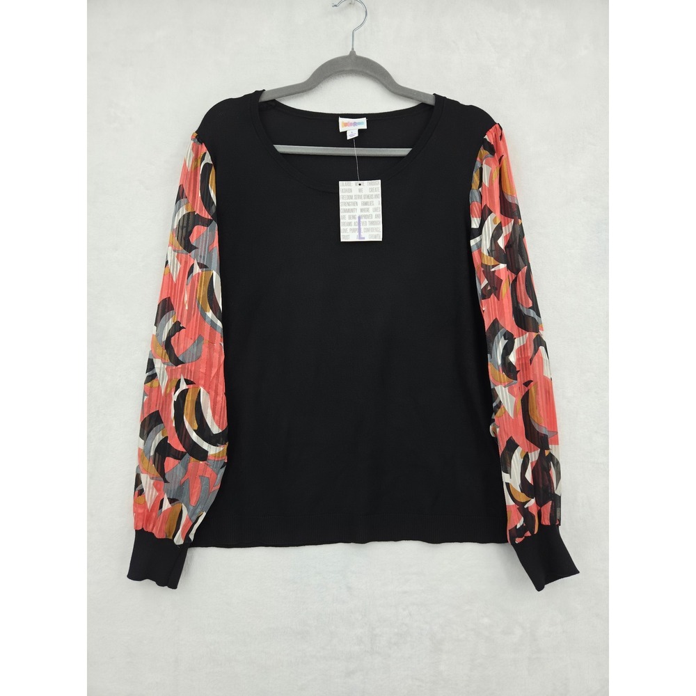 NWT LuLaRoe Black Knit Top Abstract Print Pleated Chiffon Sleeves Size Large